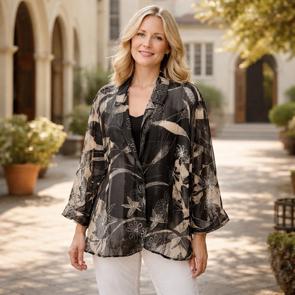 Chico's Tropical Floral Print Chiffon Lightweight Artsy Sheer Button Jacket XL‎